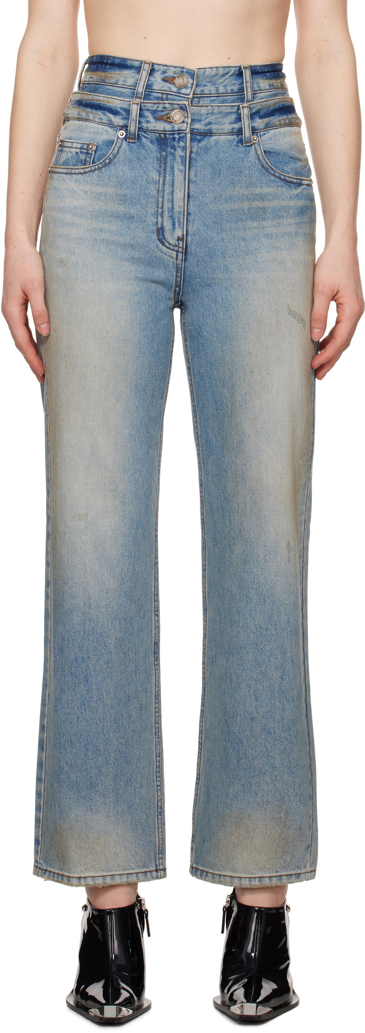 Juun.J Blue Double Waist Dirty Jeans