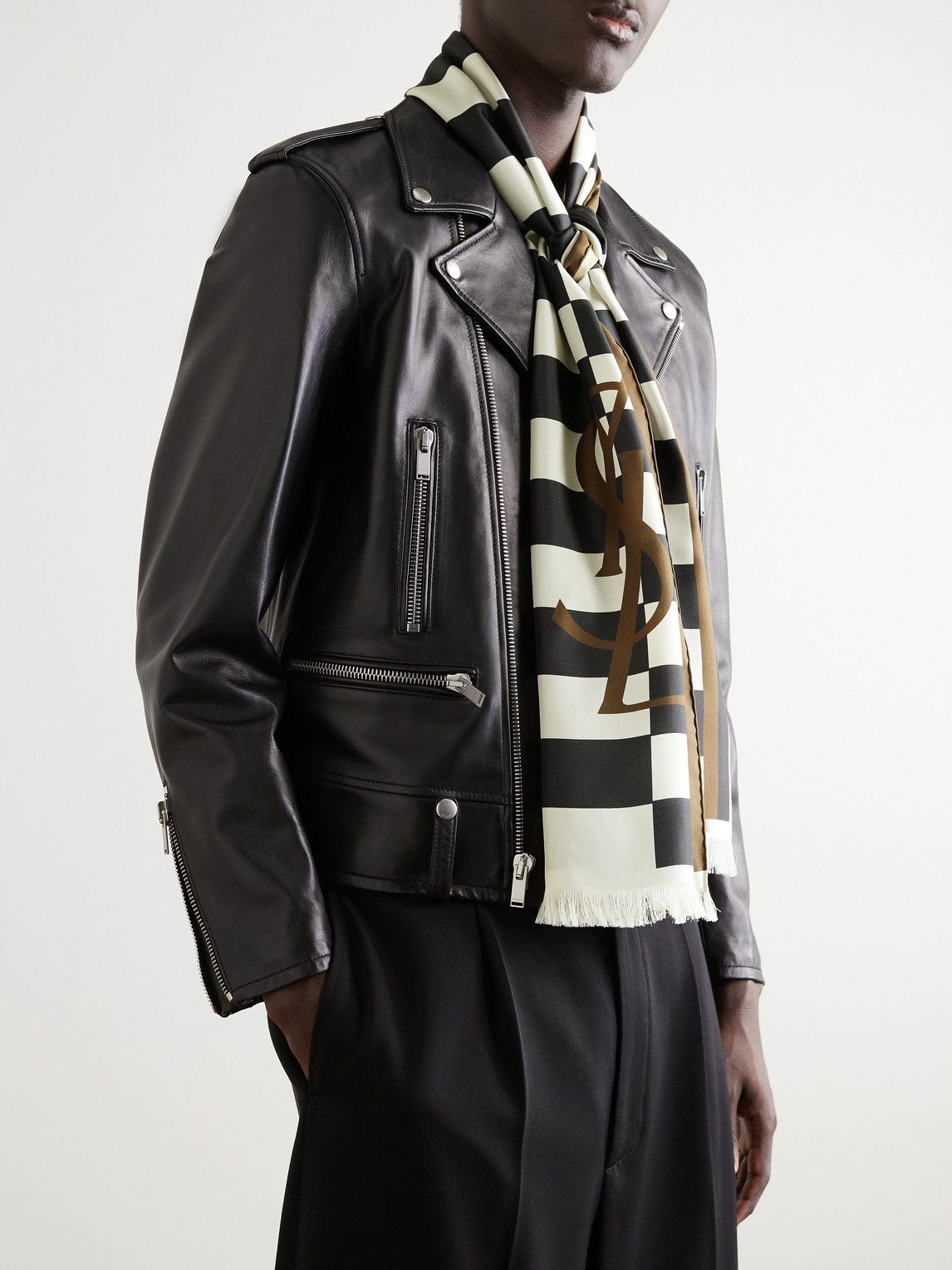 SAINT LAURENT - Frayed Striped Silk-Twill Scarf - Black