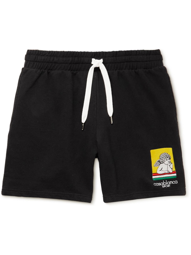 Photo: Casablanca - Racing Cherub Embroidered Organic Cotton-Jersey Shorts - Black