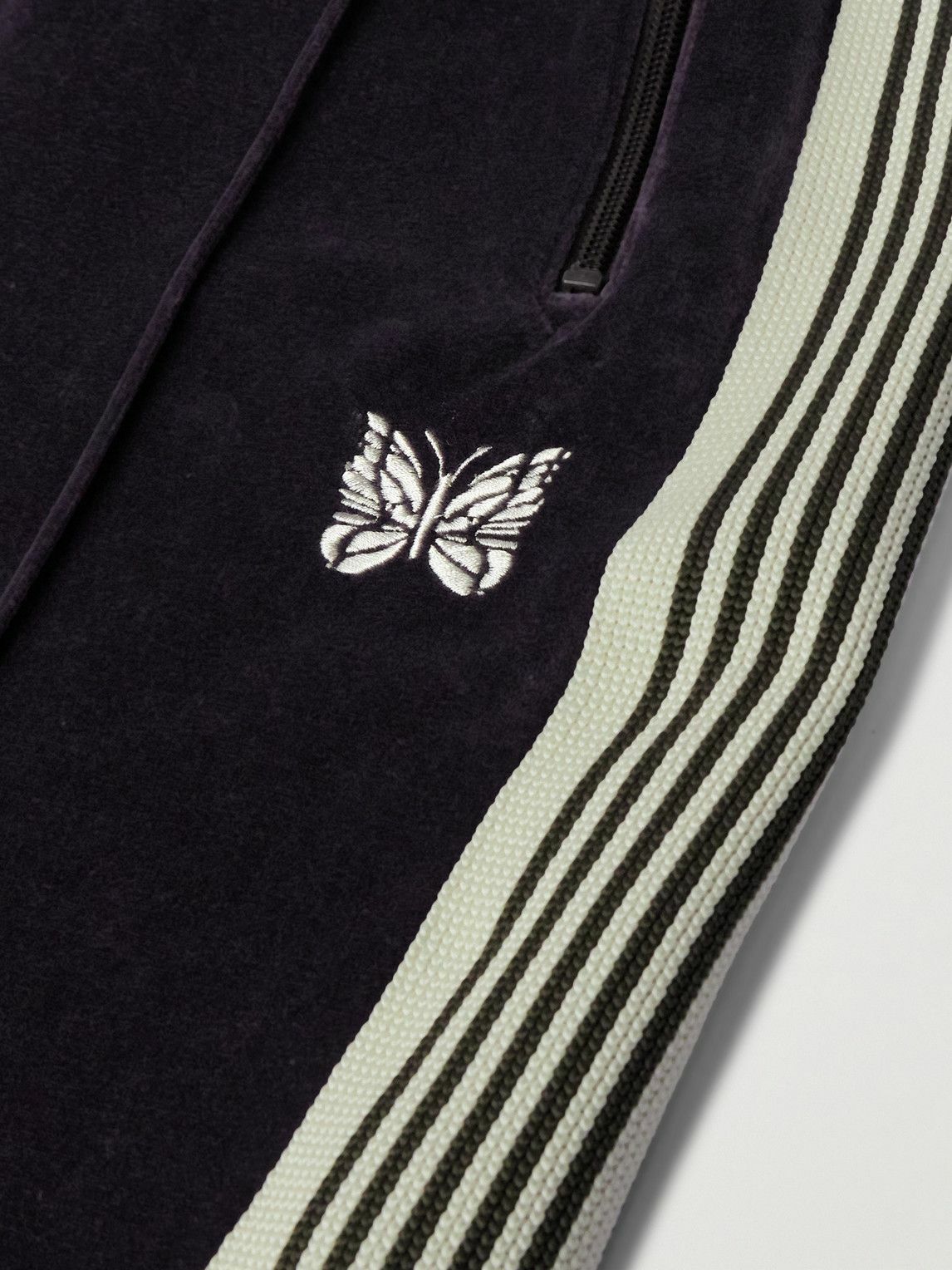 Needles - Logo-Embroidered Striped Cotton-Blend Velour Track Pants - Gray