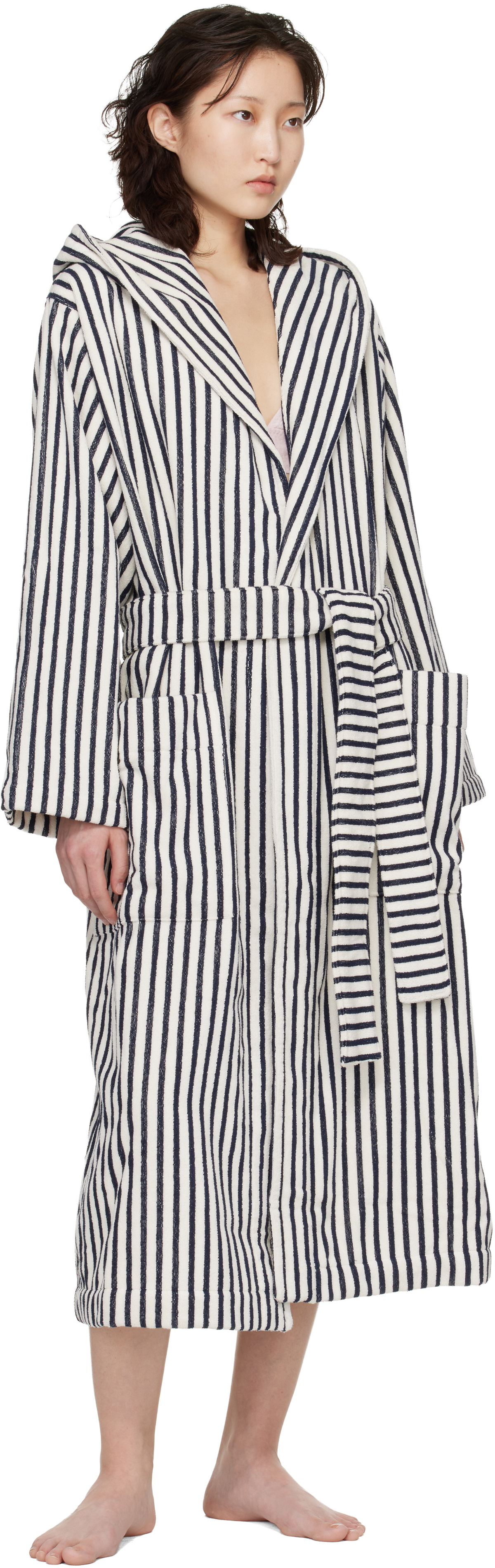 Tekla White & Navy Terry Hooded Bathrobe