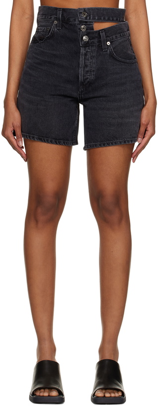 Photo: AGOLDE Black Broken Waistband Denim Shorts