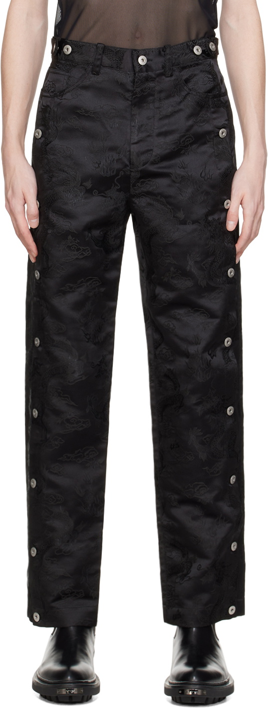 Feng Chen Wang 23SS ブラック レザー切替スラックスワイドXL Feng Chen Wang Black Dragon Jacquard Trousers Feng Chen Wang