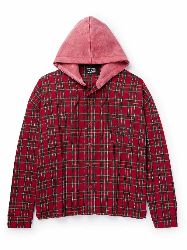 Photo: Liberal Youth Ministry - Logo-Print Jersey-Trimmed Checked Twill Hoodie - Red