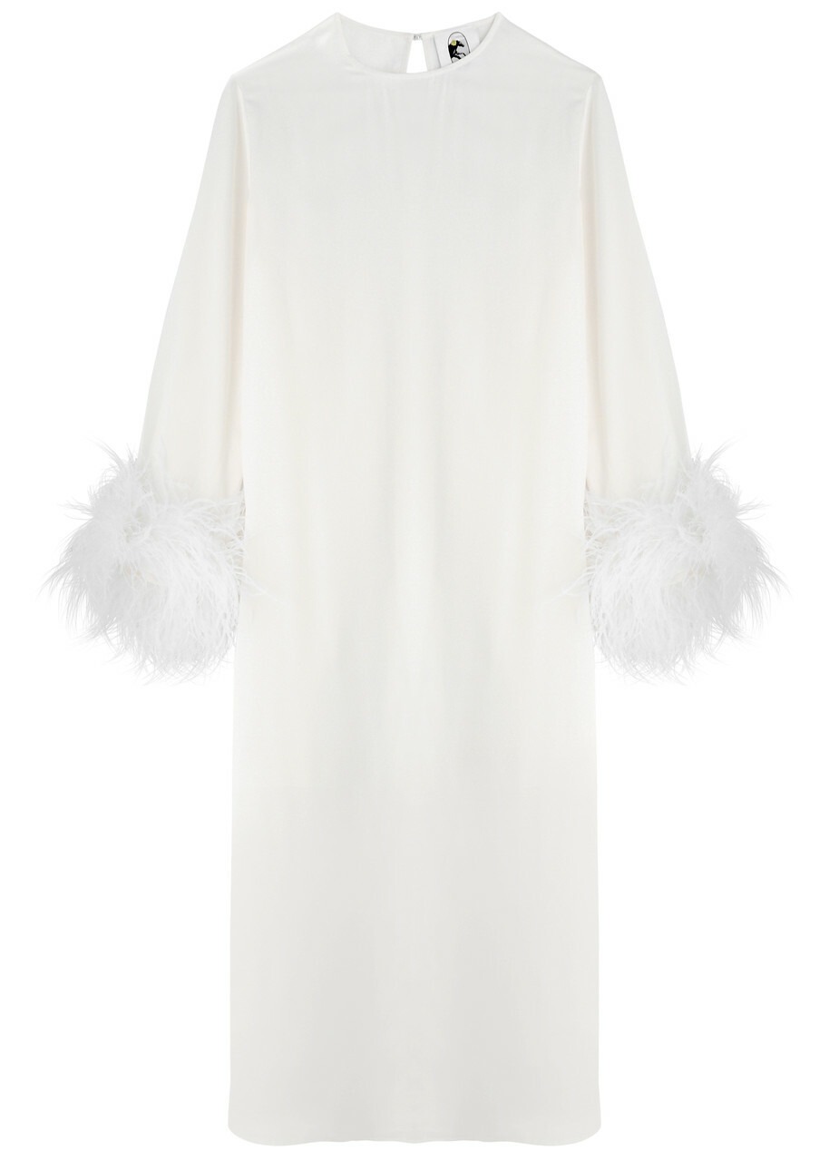 Sleeper Suzi Feather-trimmed Satin Midi Dress White