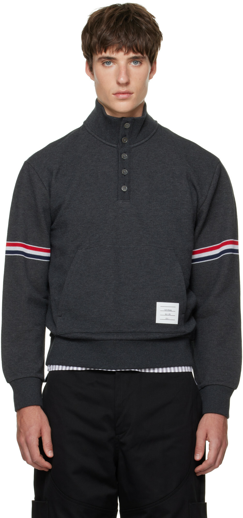 Thom Browne Gray Funnel Neck RWB Pique Loopback Sweatshirt