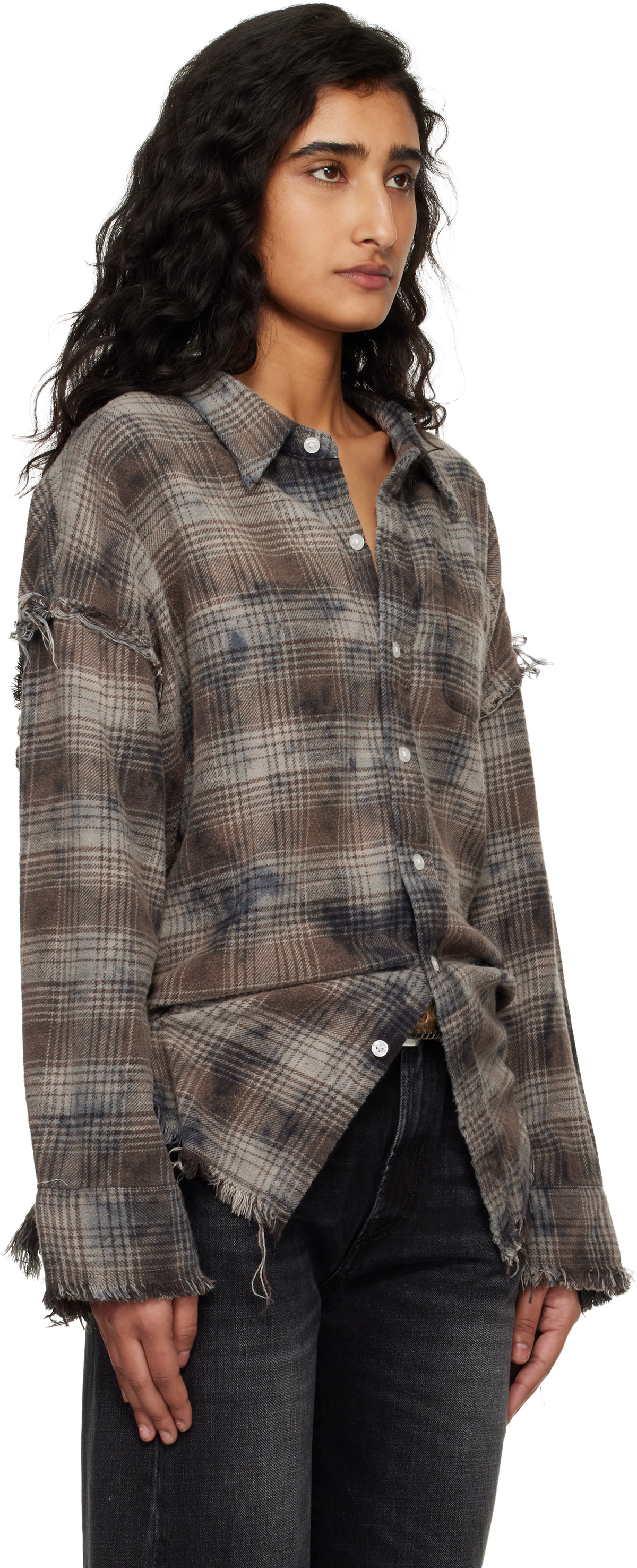 R13 Gray Shredded Seam Drop Neck Shirt