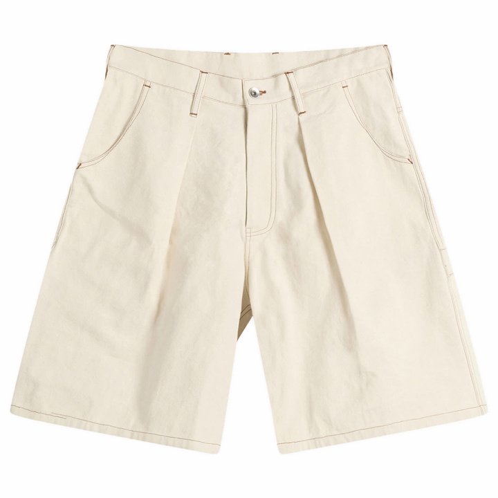 Photo: Story mfg. Men's Hand Embroidered Lush Carpenter Shorts in Ecru