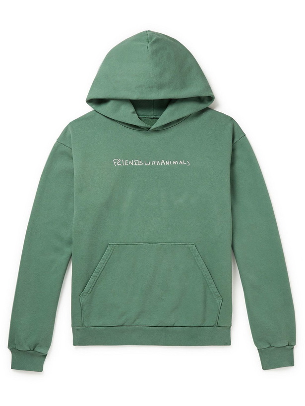 Photo: FRIENDS WITH ANIMALS - Logo-Embroidered Cotton-Jersey Hoodie - Green