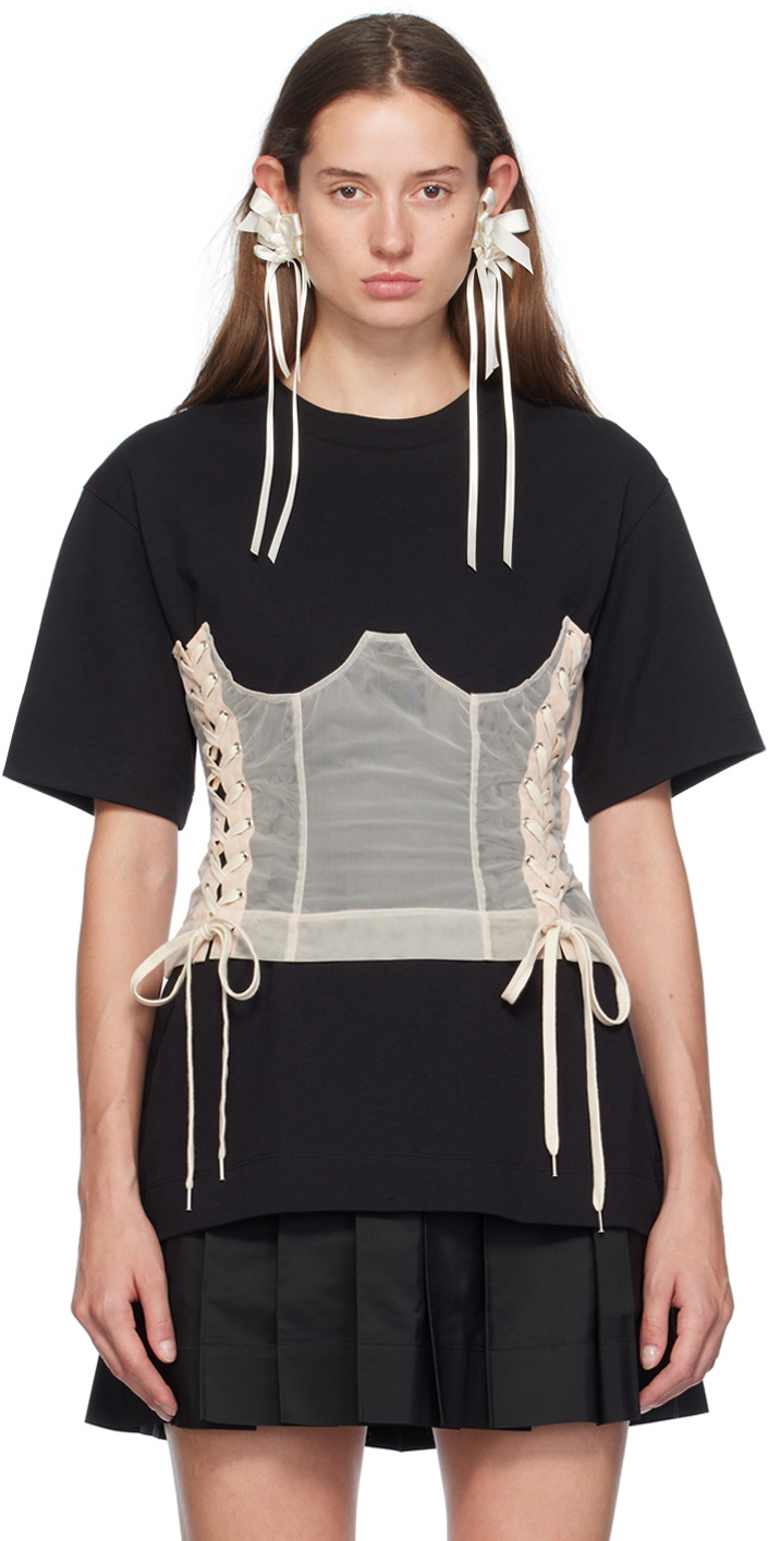 Simone Rocha Black & Beige Boxy Corset Panel T-Shirt Simone Rocha