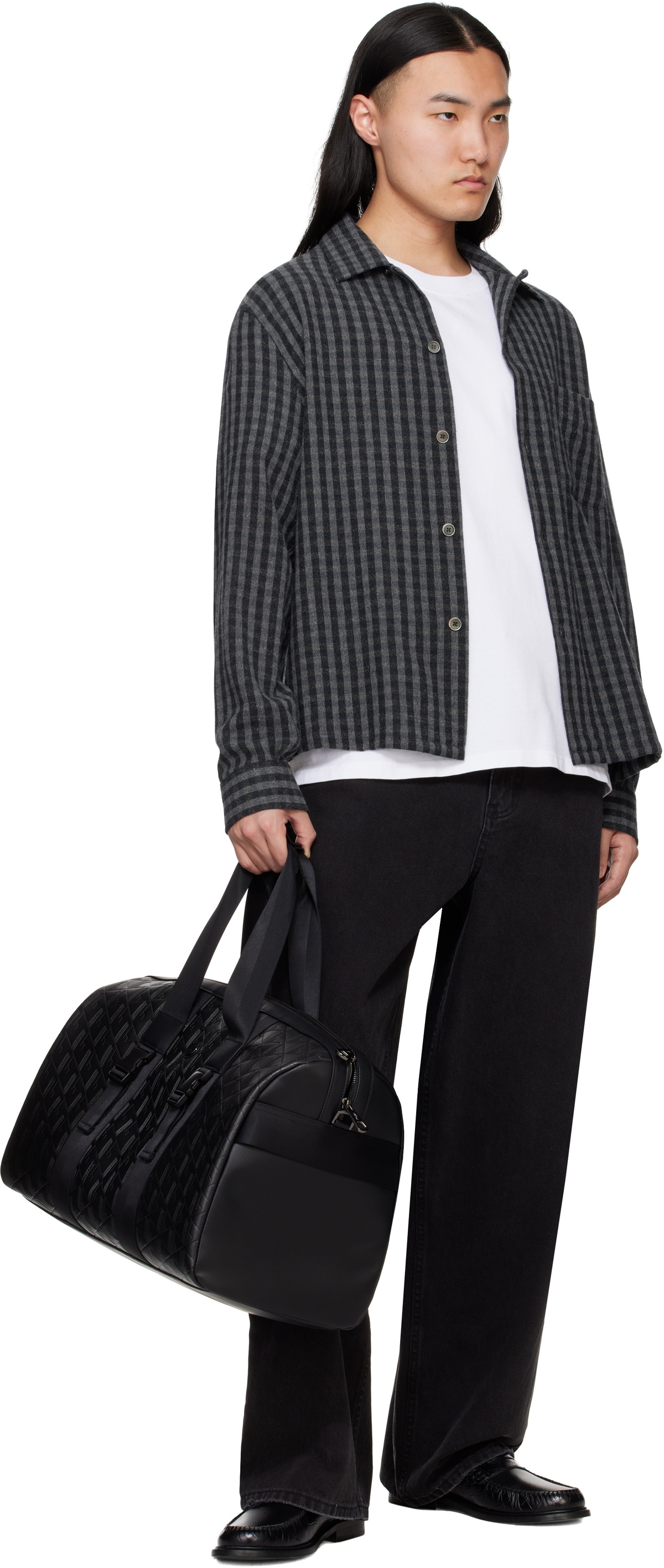 Lacoste Black Large Nomogram Leather Weekend Bag