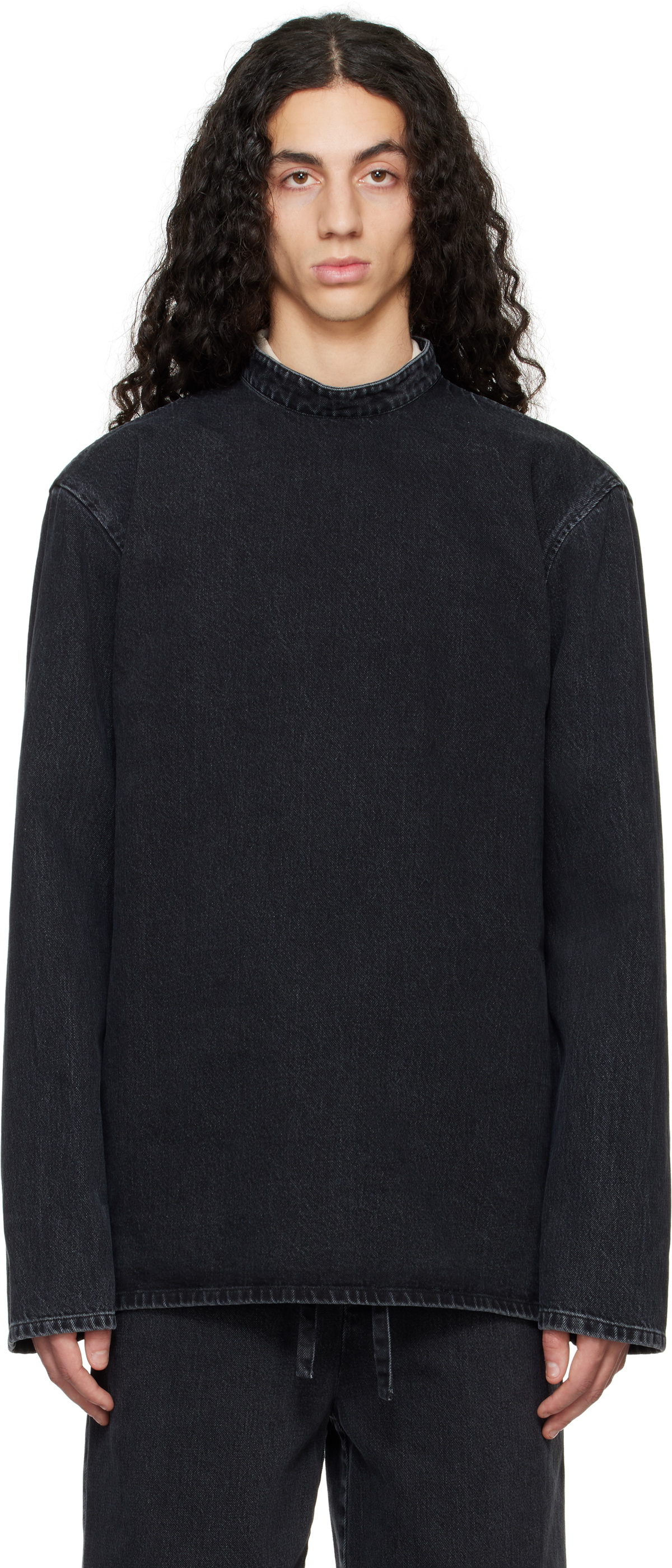 Rier Black Band Collar Denim Top