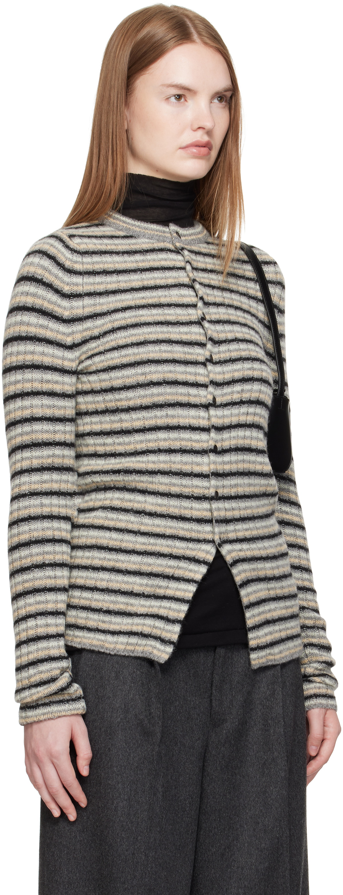 AURALEE Gray Shetland Wool Cashmere Rib Knit Crew-Neck Cardigan