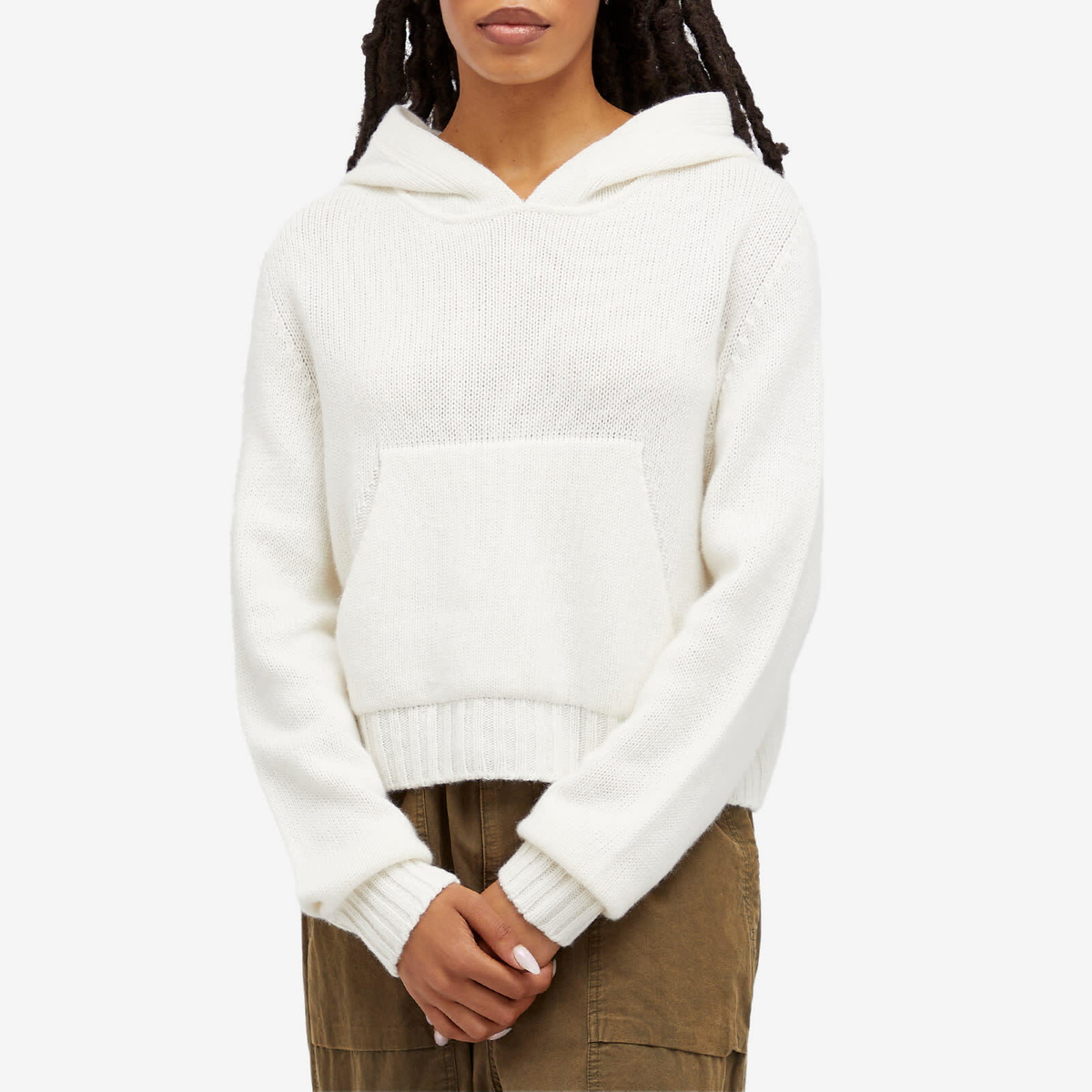 Palm Angels Women's Curved Logo Knitted Hoodie in White/Light Beige