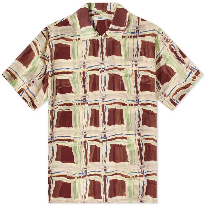 Photo: Bode Men's Ripple Plaid Vacation Shirt in Brown Multi
