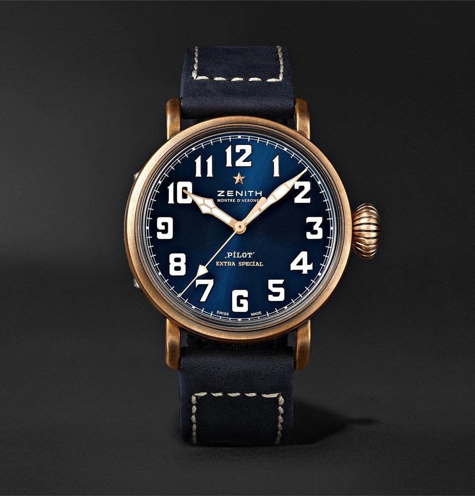 Photo: Zenith - Pilot Type 20 Extra Special Automatic 40mm Bronze and Nubuck Watch - Blue