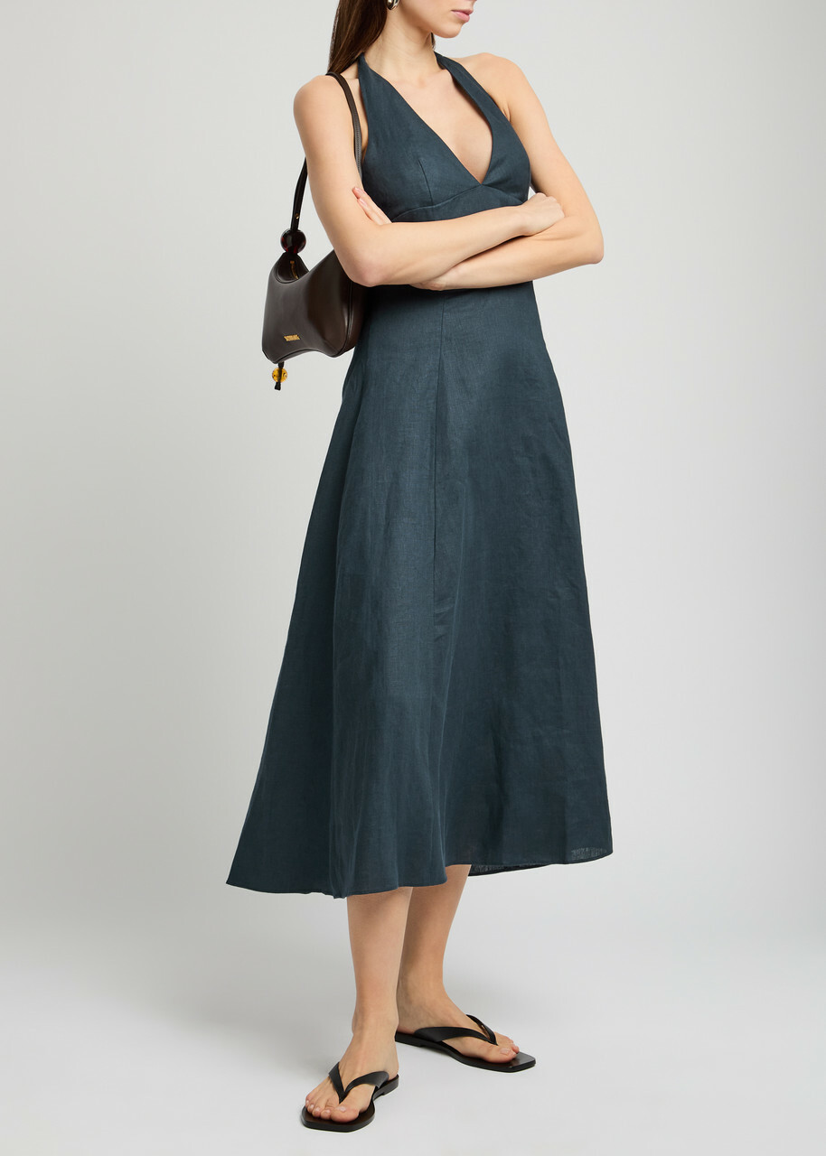 Faithfull The Brand Marais Linen Midi Dress Navy Faithfull The Brand