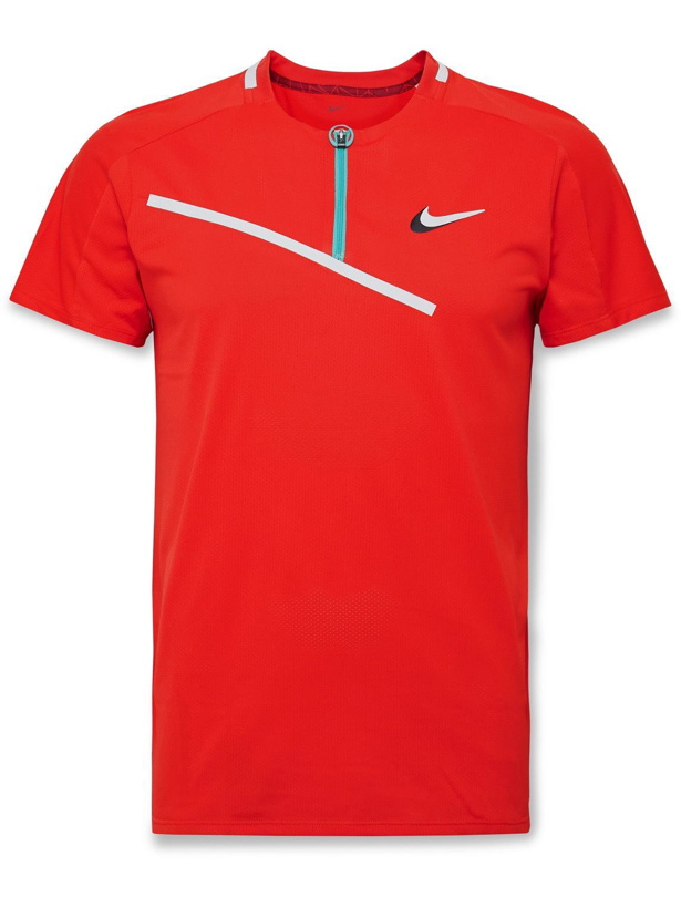 Photo: Nike Tennis - NikeCourt Slam Slim-Fit Recycled Dri-FIT Mesh Half-Zip Tennis Shirt - Red