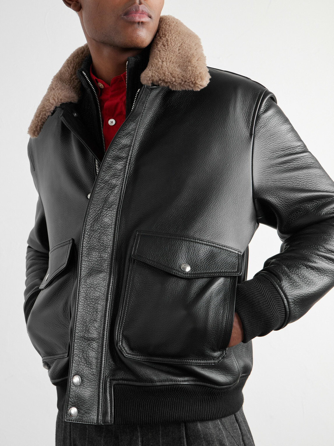 Mr P. - Shearling-Trimmed Full-Grain Leather Blouson Jacket - Black
