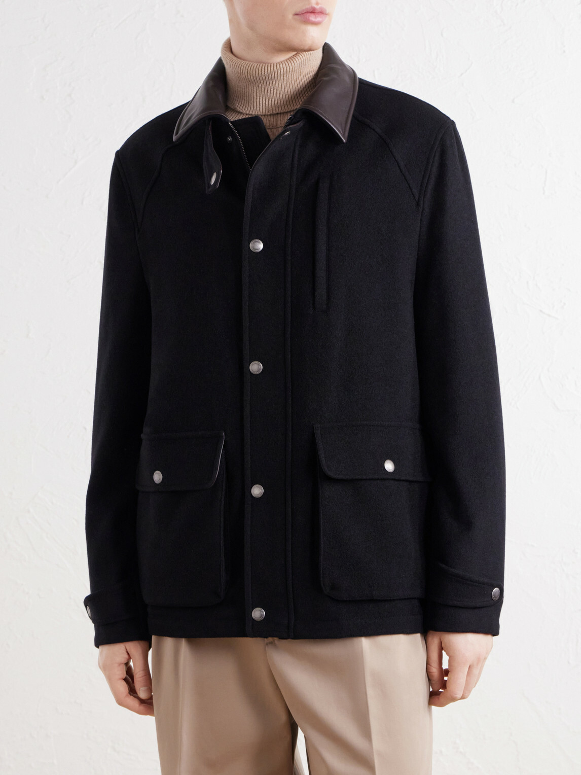 Brunello Cucinelli - Leather-Trimmed Cashmere-Felt Jacket - Black