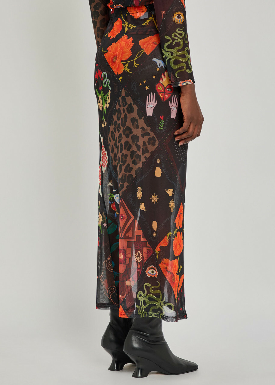 Never Fully Dressed Dorris Printed Mesh Midi Skirt Black