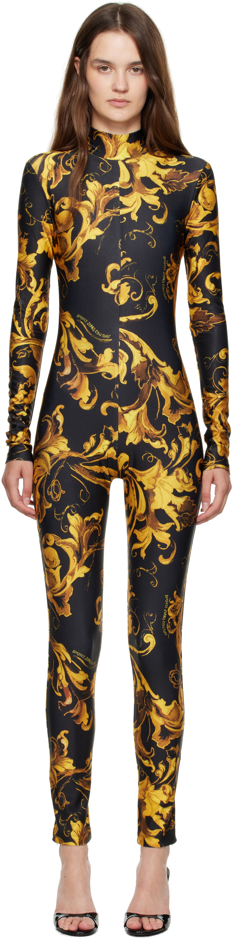 Versace Jeans Couture Black & Gold Barocco Porcelain Jumpsuit