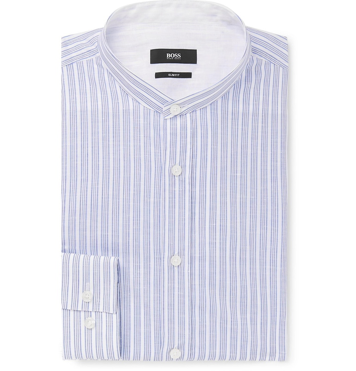 Photo: Hugo Boss - Jowis Slim-Fit Grandad-Collar Striped Cotton and Linen-Blend Shirt - Blue