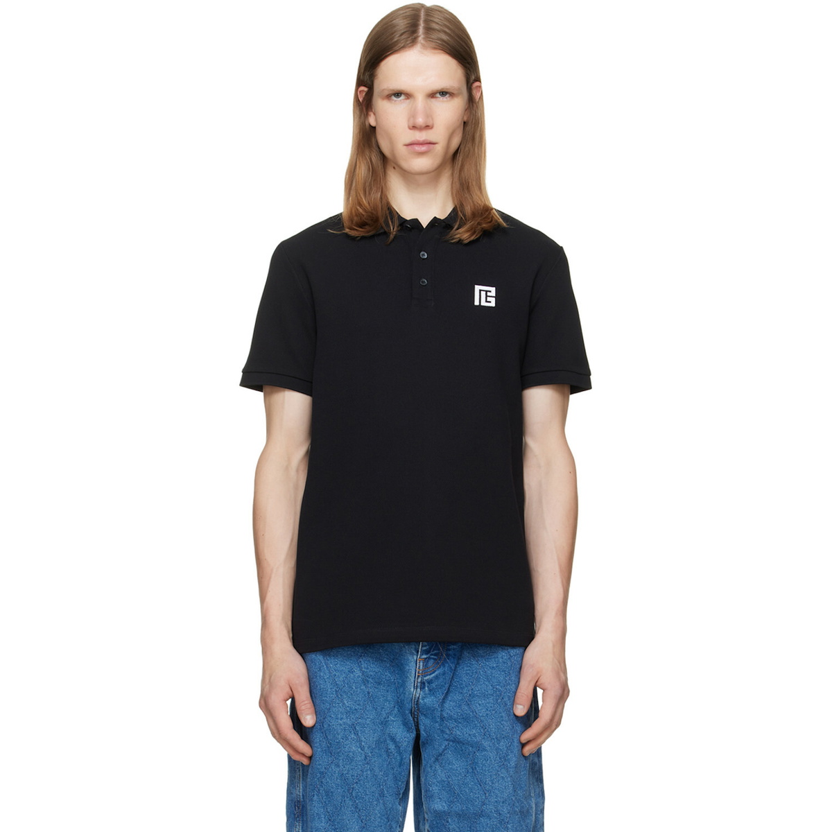 BALMAIN Black Embroidered Cotton Polo