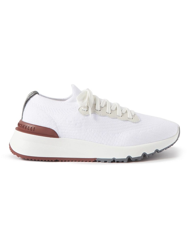Photo: Brunello Cucinelli - Leather-Trimmed Stretch-Knit Sneakers - White