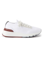 Brunello Cucinelli - Leather-Trimmed Stretch-Knit Sneakers - White