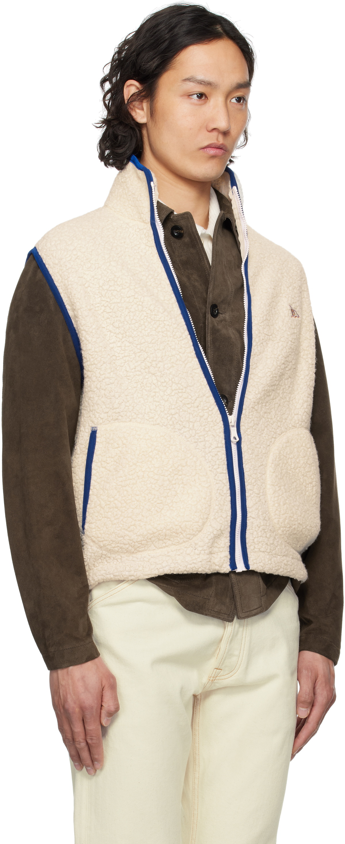 Drake's Off-White Boucle Wool Zip Fleece Vest