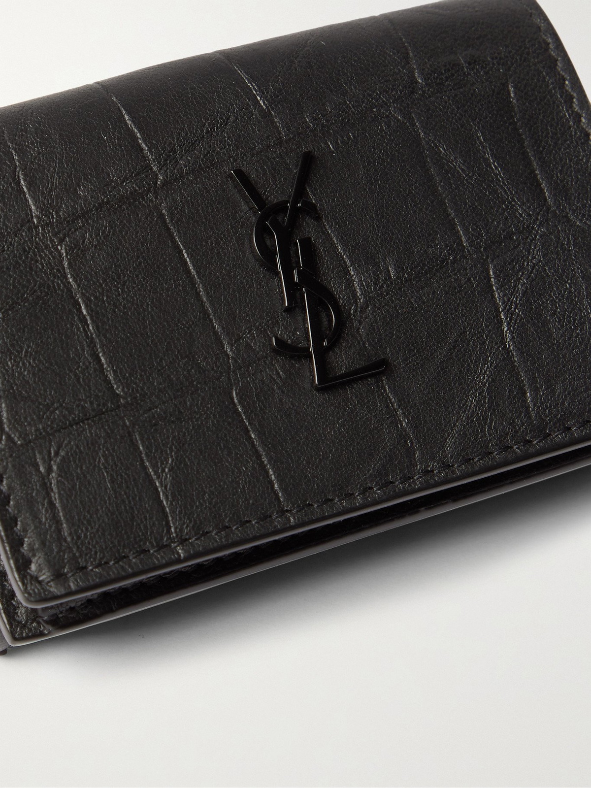 Croc Effect Leather Card Holder in Black - Saint Laurent