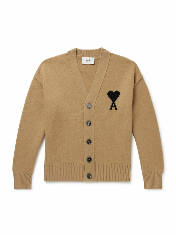 Photo: AMI PARIS - Logo-Intarsia Virgin Wool Cardigan - Neutrals