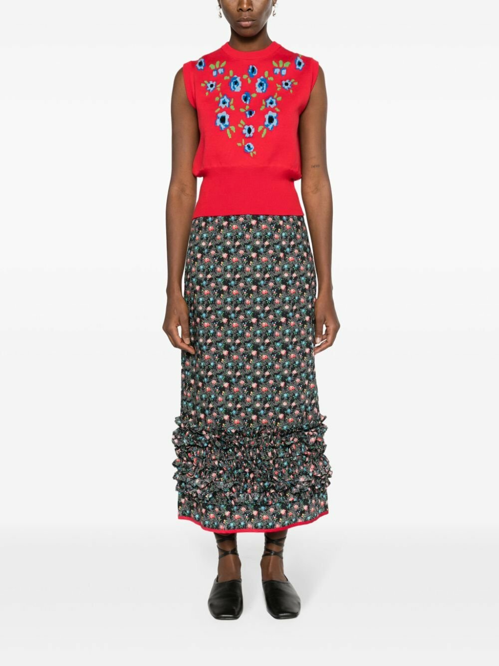 Molly Goddard Black Delia Floral-Print Ruffled Skirt