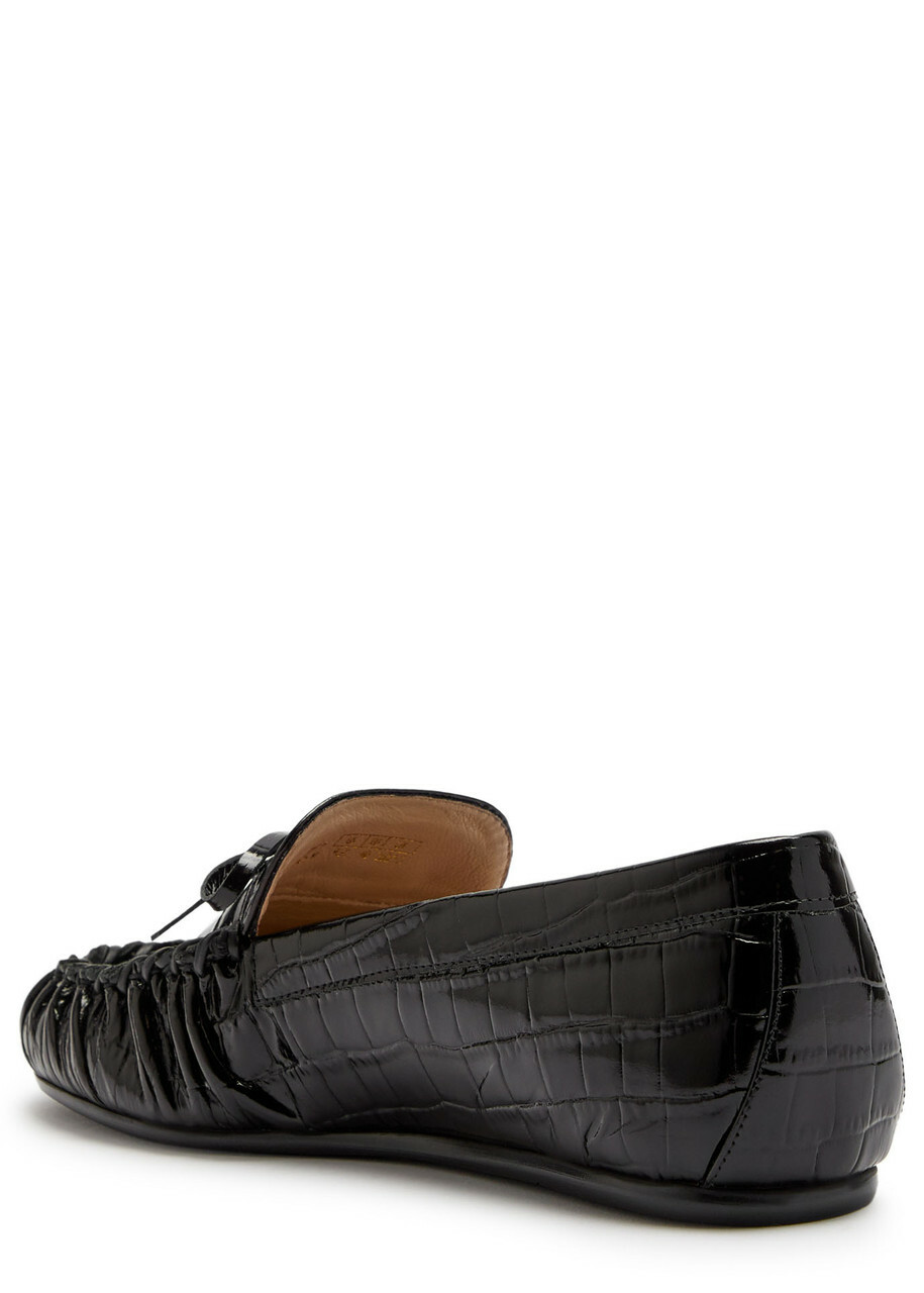 Stuart Weitzman Britt Bow Crocodile-effect Patent Leather Loafers Black