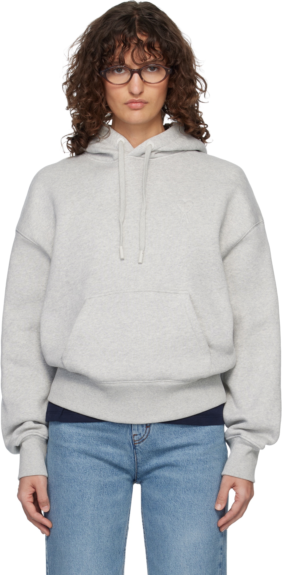 AMI Paris Gray Cotton Embossed Ami de Coeur Hoodie