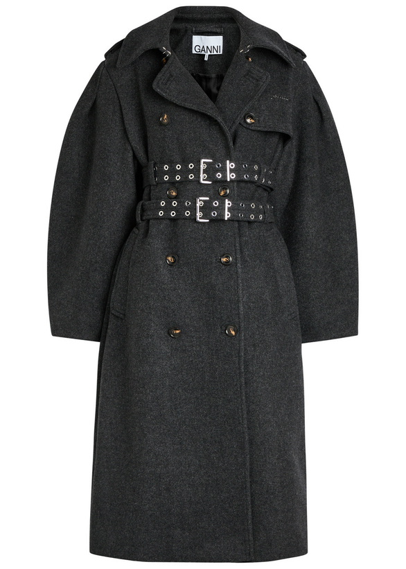Photo: Ganni Belted Wool-blend Trench Coat Black