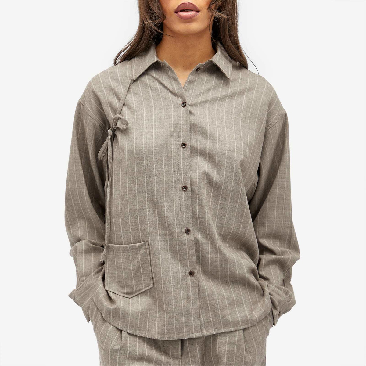 Deiji Studios Women's Lapel Bow Shirt in Pinstripe Bark
