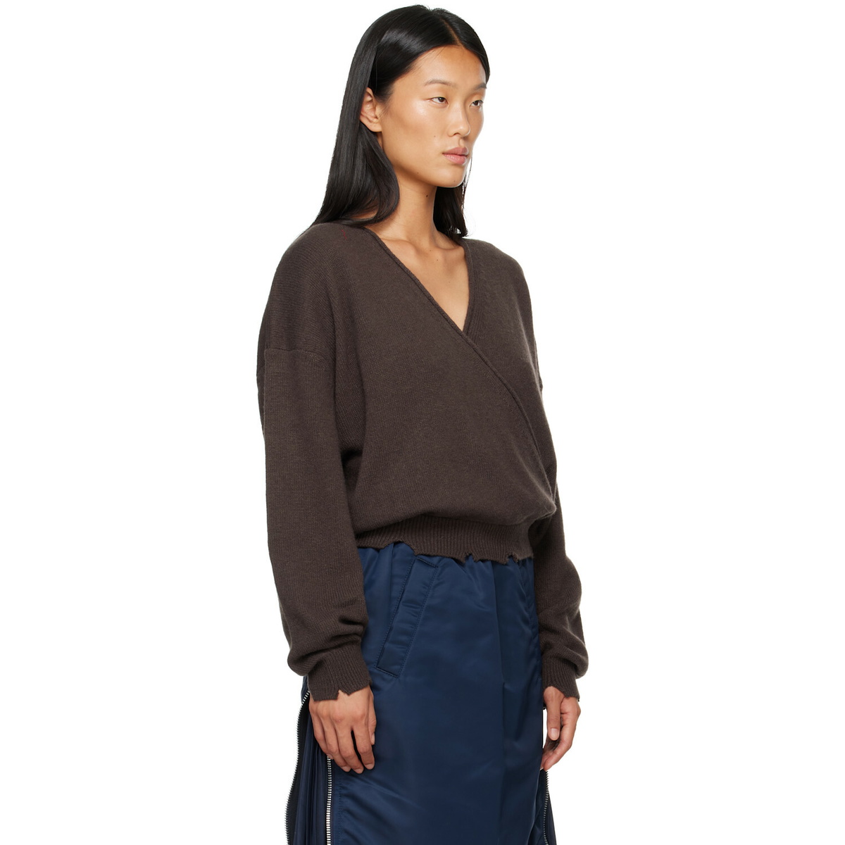 OPEN YY Brown Wool Criss Cross Wrap Knit Sweater