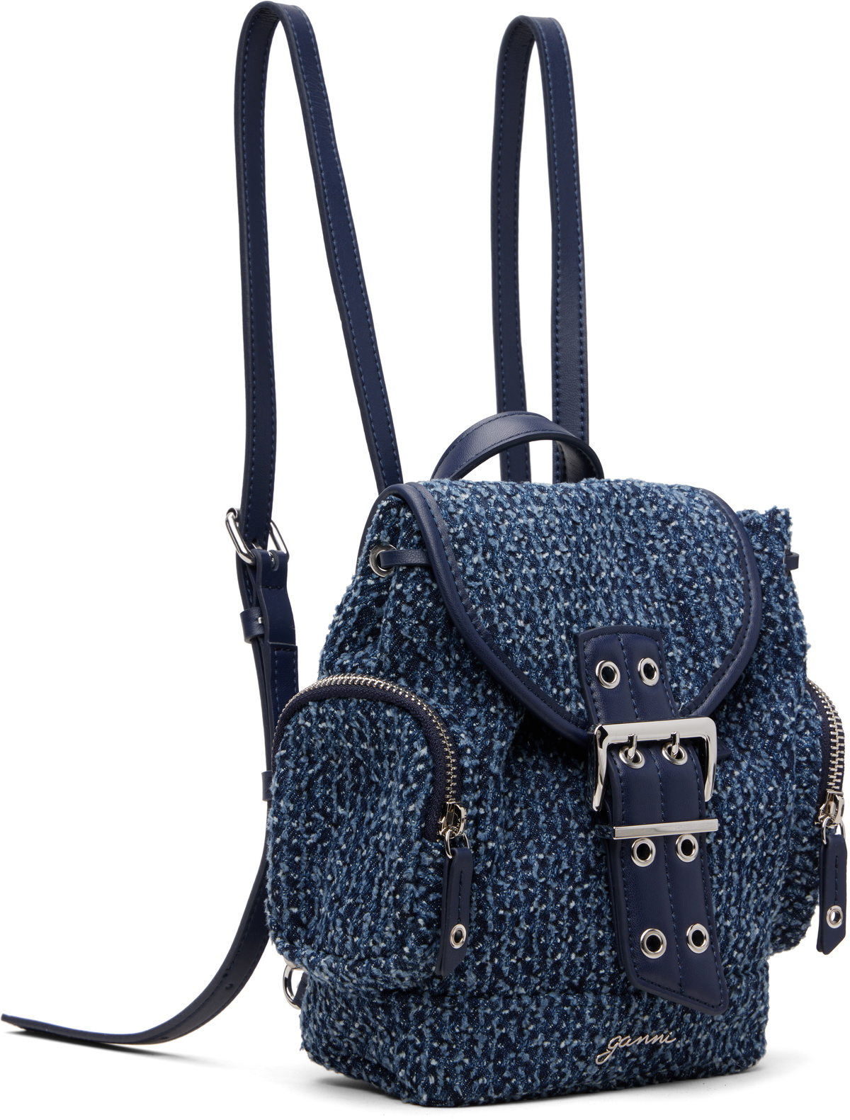 GANNI Blue Bucky Nano Tweed Denim Backpack