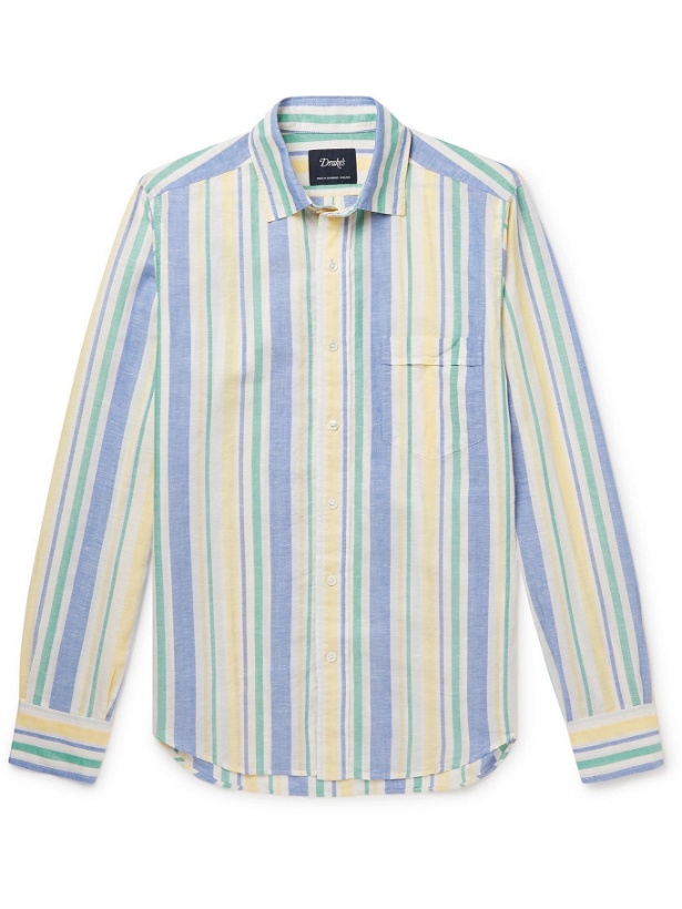 Photo: DRAKE'S - Slim-Fit Striped Linen and Cotton-Blend Shirt - Blue