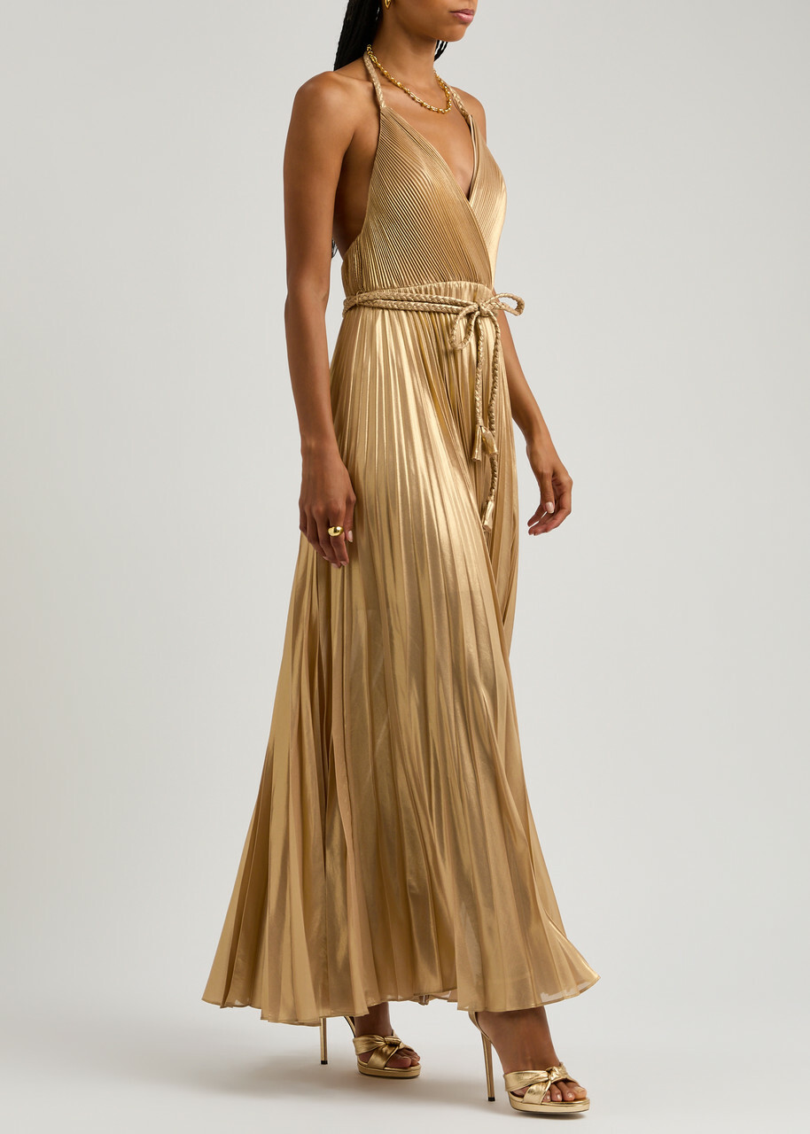 Alice + Olivia Tresa Pliss Chiffon Maxi Dress Gold Alice + Olivia