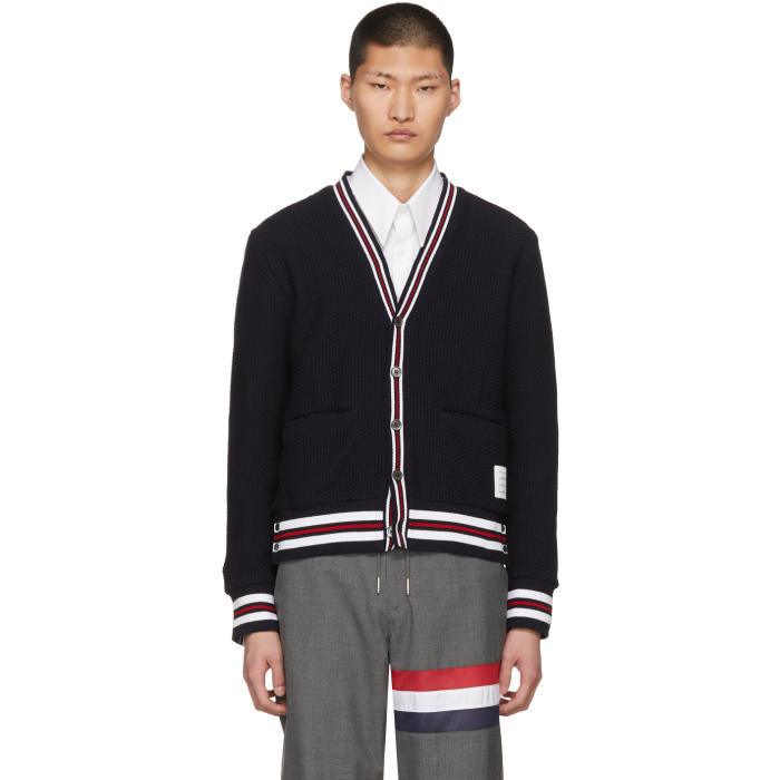 Photo: Thom Browne Navy Cricket Stripe Cardigan