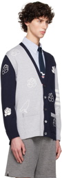 Thom Browne Navy & Gray Funmix 4-Bar Rose & Raven Cardigan