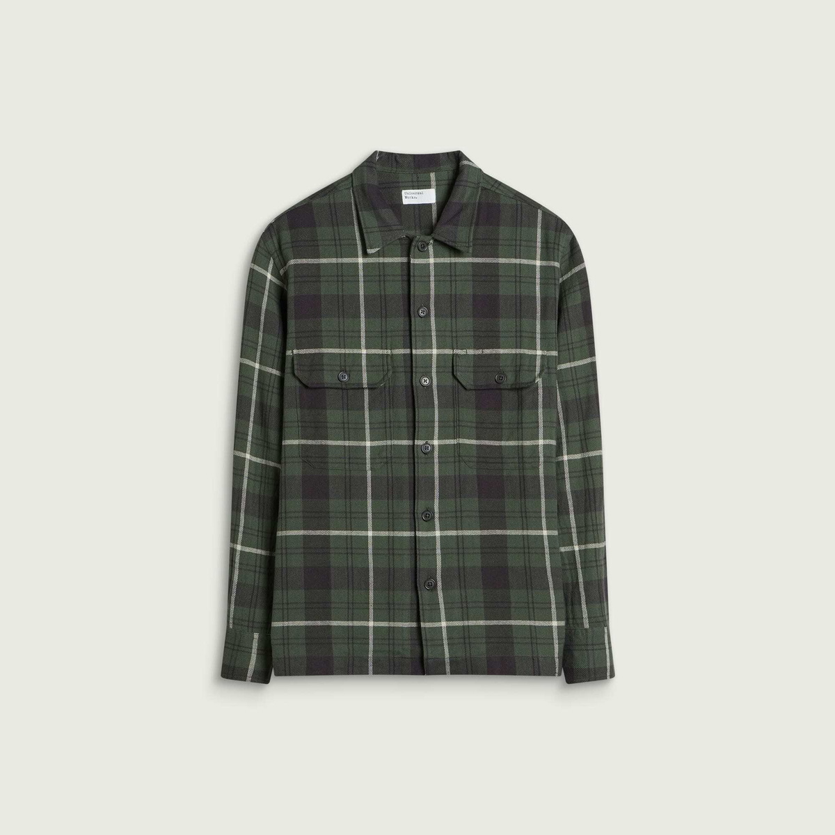 Universal Works Men's Washed Check Utility Shirt in Olive