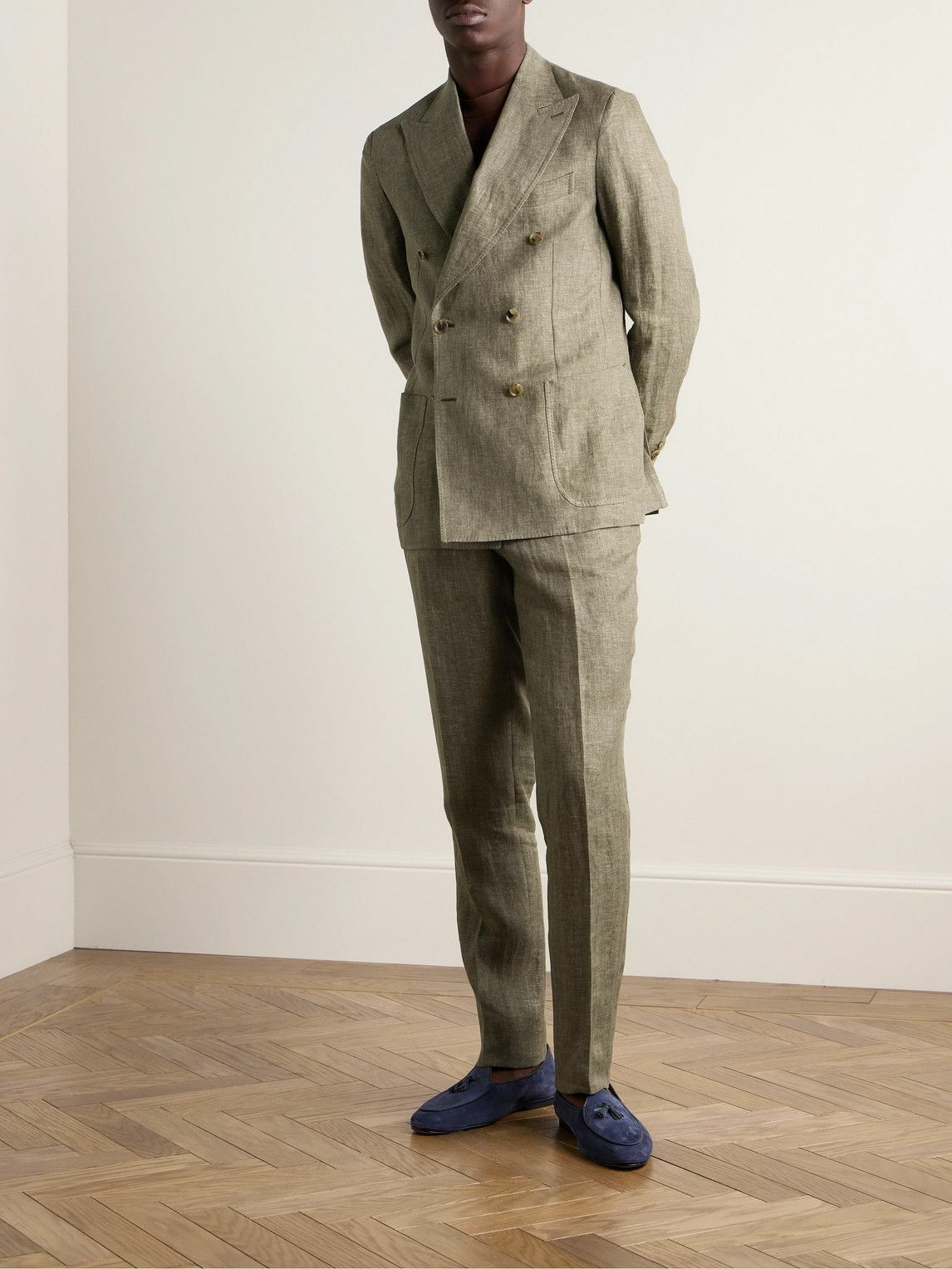 De Petrillo - Double-Breasted Herringbone Linen Suit Jacket