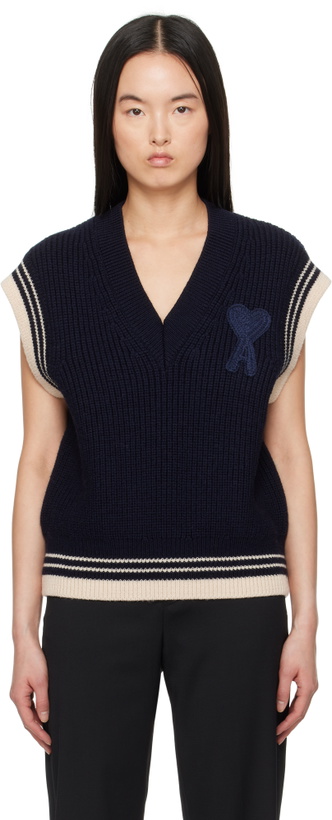 Photo: AMI Paris Navy Wool Ribbed Sleeveless V Neck Vest