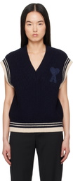 AMI Paris Navy Wool Ribbed Sleeveless V Neck Vest