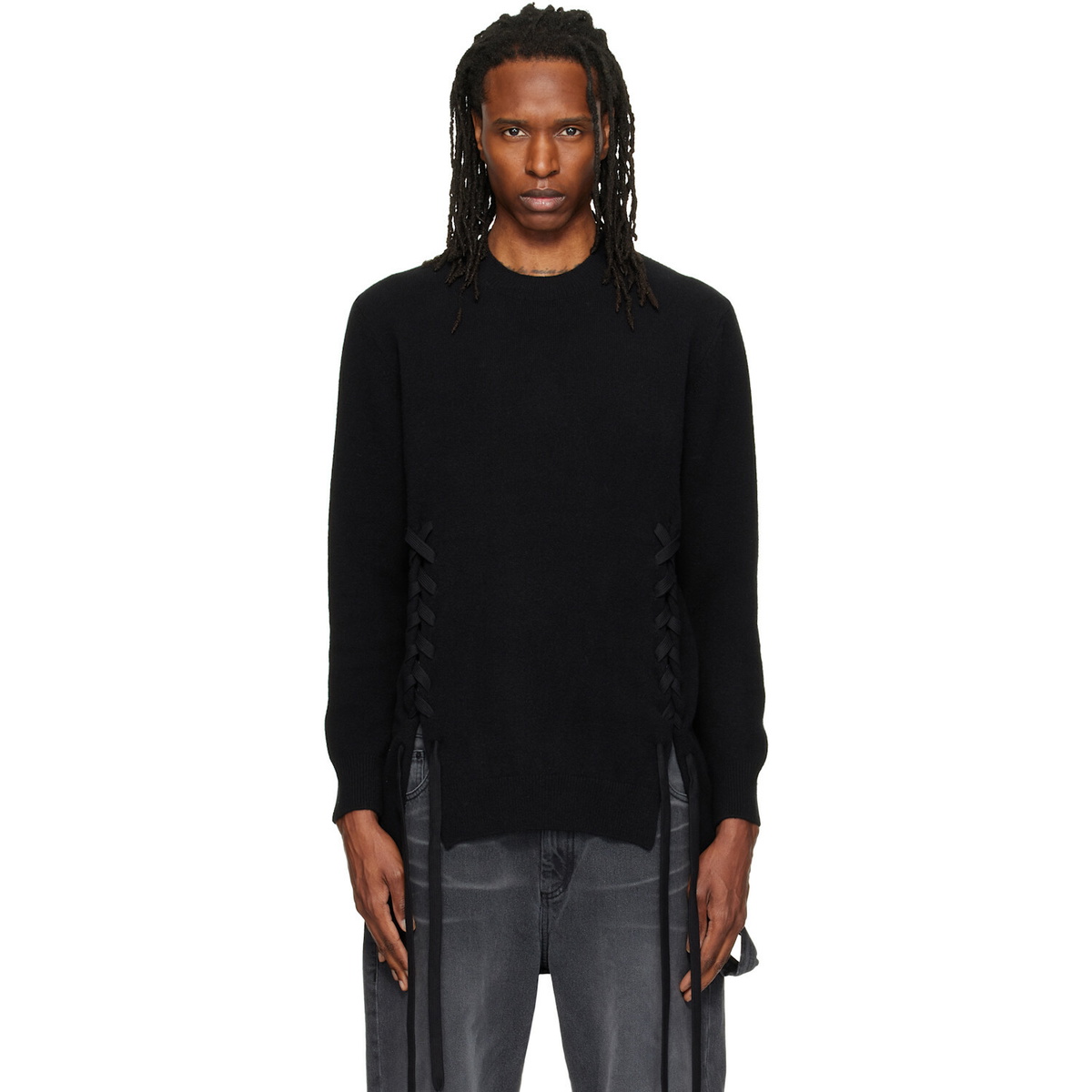 Simone Rocha Black Merino Lace Up Hem Sweater