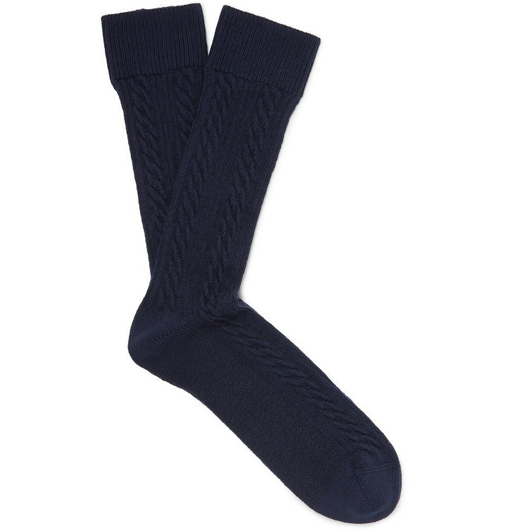 Photo: Oliver Spencer Loungewear - Miller Cable-Knit Stretch Cotton-Blend Socks - Navy